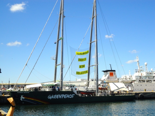The Greenpeace Warrior advocating "Renewal Energy is the Solution" in the ports of South Africa